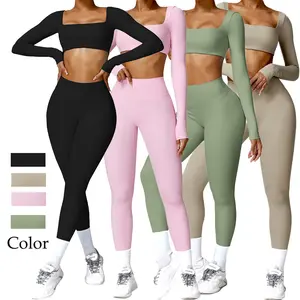 Women's 2-Piece Activewear Fitness Set - Twist Front Long Sleeve Crop Top, High Waist Flared Leggings, Athletic Sports Clothing for Gym, Yoga, Casual Wear
