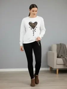 Women's Heart Pattern Sweatshirt Set, Round Neck Long Sleeve Top, Fitted Bottoms, Casual Fall & Winter, Matching Clothing Set, Perfect for Holidays