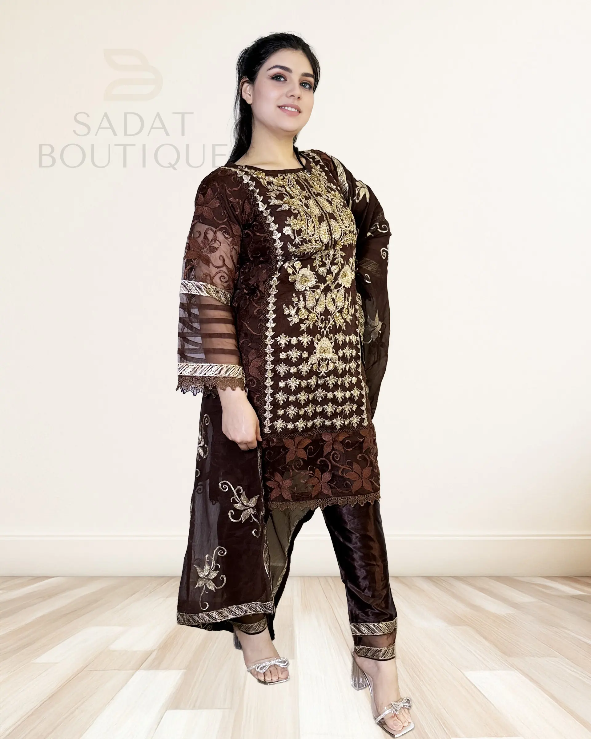 Women's Deep Chocolate Embroidered Plush Velvet Suit - Golden Traditional Sheer Accents, Regal Style, Formal, Fabric