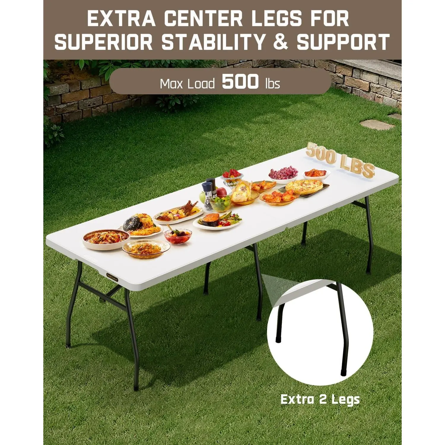 FanttikOutdoor 8ft Folding Table with Six Legs, 500 LBS Heavy Duty Plastic Fold-in-Half Table, Foldable Table w/Handle for Indoor Outdoor Party Wedding Office Camping Banquet, White Zeta X8 Pro
