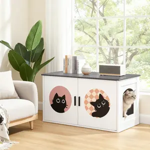 HOOBRO Cat Litter Box Enclosure with Cute Cat Patterns and Arched Entrance, Hidden Litter Box Enclosure Furniture, 31.3"L x 17.7"W x 17.3"H, Litter Box Cabinet, Side Table