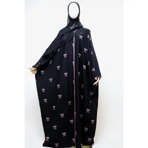 Open Bisht Bow Embroidery Abaya - Black