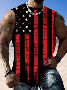 Men's American Flag 3D Digital Print Breathable Sleeveless Vest, Casual Sports Summer Fitness Vest, Athletic Workout Clothing, Athletic Apparel, Fitted All over Print