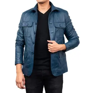 Men's Sheepskin Leather Blazer Coat Jacket 100% Genuine Leather - BLUE