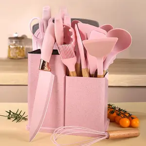 19 Piece Kitchenware Utensils and Knife Set- Includes: 9 Piece Silicone Cooking Utensils- 5 Piece Sharp Stainless Steel Chef Knives- Scissors -Whisk Tongs and Cutting Board (Pink)