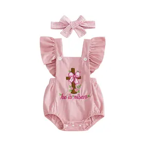 2Pcs Infant Girl Easter Outfit Flying Sleeve Square Neck Bow Cross Embroidery Romper and Headband Set