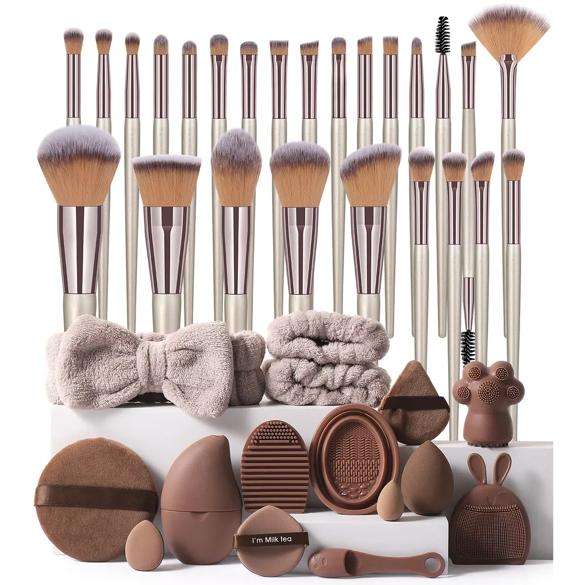40-Piece Makeup Brush Set with Beauty Blender, Mini Sponge, Facial Puff, Soft Silicone Face Tool, Nose Brush, Ice Pack, Cat Paw Brush, Makeup Tools Set
