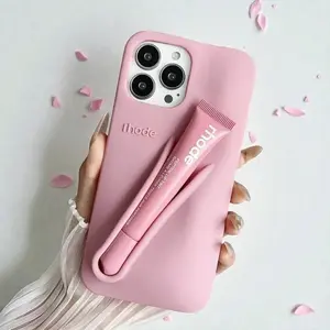 Cute Rhode Silicone Phone Case with Built-In Lip Balm Holder for iPhone 11 12 13 14 15 16 17 Pro Max, Stylish Shockproof Beauty Cover