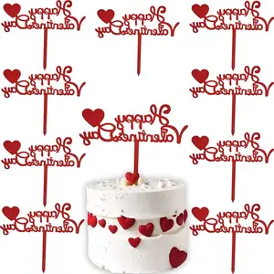 10Pcs Happy Valentine's Day Cake Topper Acrylic Cake Topper Red Valentines Day Cupcake Topper Heart Shaped Cake Picks Cake Accessories for Wedding Valentine's Day Gifts Cake Decoration Party (Red)