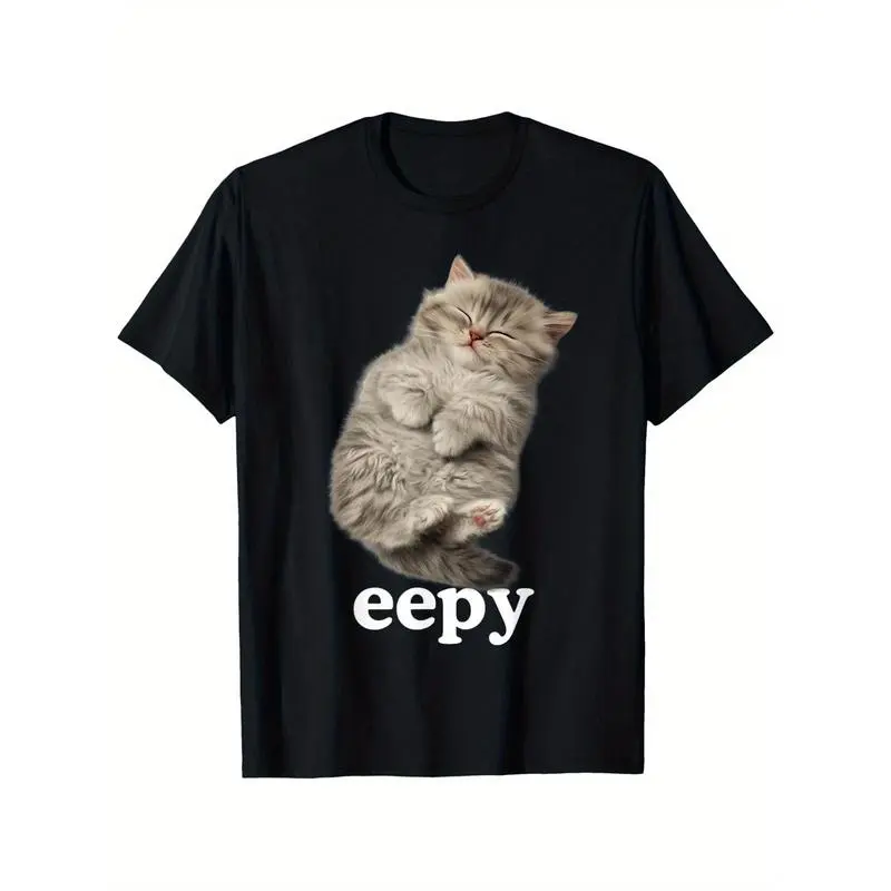Men's 100% Cotton Short-Sleeve Round-Neck T-Shirt, Durable Graphic Eepy Silly Sleepy Cat Meme Design, Irritation-Free Label, Unisex Cute Fluffy Style, Casual All-Seasons, Black Small, Big & Tall Friendly Golf Gift