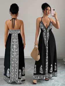 Boho Backless Print Maxi Dress, Sexy Loose-Fitting Long Gown, All Seasons Fashion, Women's Clothing From China