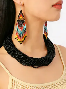 Bohemian Style Multi-Layer Beaded Necklace Handmade Fringe Earrings, Perfect for Daily Wear and Parties, Festival Gift, Necklaces Earrings Set