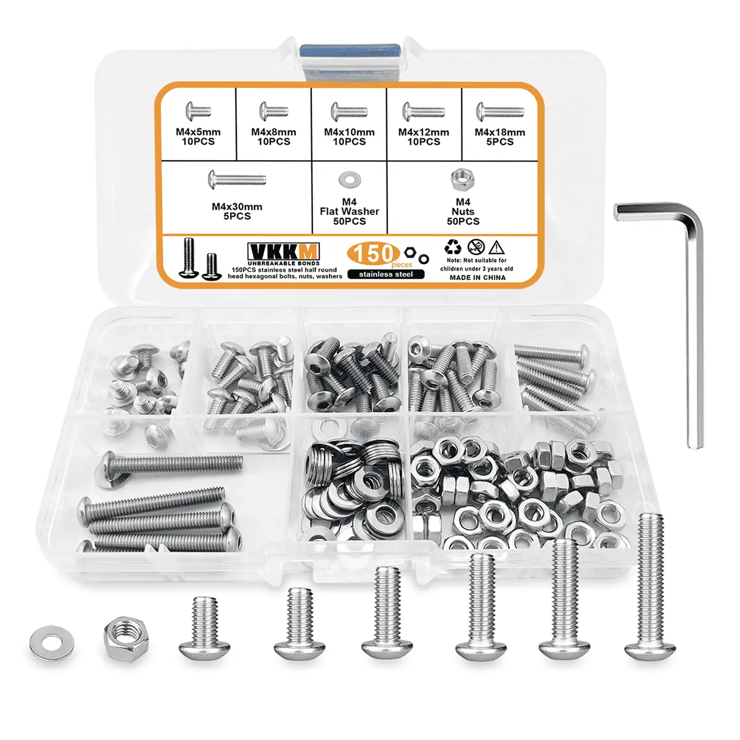 VKKM 150Pcs M4 Button Head Hex Socket Cap Screws Assortment Kit, 304 Stainless Steel Allen Bolts with Matching Nuts & Flat Washers, Includes Allen Wrench for Furniture, Motorcycle, Cabinet & General DIY Repair