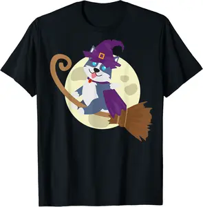 Husky Riding Witch Broom Cute Dog Animal Halloween Costume T-Shirt - Samuelmar Shop 62B07XTTCPPC