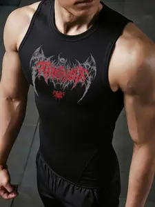 Men's quick-drying sleeveless sweatshirt with gothic print - High-stretch slim fit sports top, suitable for gym, basketball, running and yoga - Teen printed training vest, sports vest | Slim fit shirt | Lightweight vest