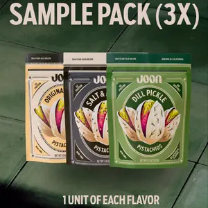 Joon Pistachios Sample Pack (3-Pack) – Gourmet Pistachios, Original Salted, Salt & Pepper & Dill Pickle | Protein Snack, No Seed Oils, No Artificial Flavors
