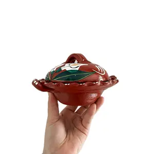 Small Traditional Mexican Red Barro Clay Pot Salsa Salsero Cookware with Handle for Authentic Mexican Cuisine
