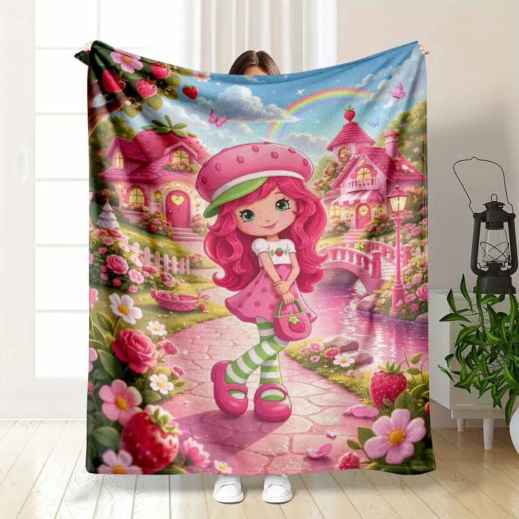 Strawberry Girl Flannel Blanket Cute Strawberry Village Floral Rainbow Print Soft Cozy Lightweight Warm Plush Throw for Bedroom Sofa Picnic Travel Gift Dorm Lounge Decor