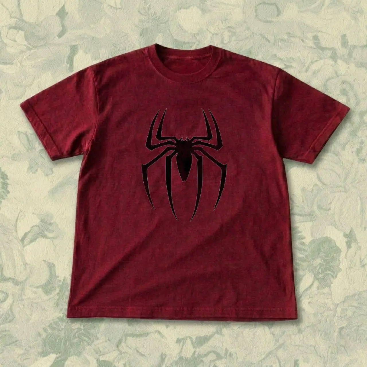 Black Spider Symbol Graphic T-Shirt | Vintage Y2K Burgundy Washed Superhero Gothic Streetwear Top