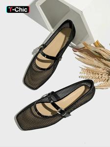 women's fashionable solid color hollow out design black mary jane shoes, flats shoes women, flats sandals, casual comfortable square toe ballerina flats shoes for summer, lightweight breathable shoes for daily wear, girl, ballet flats, mesh shoes