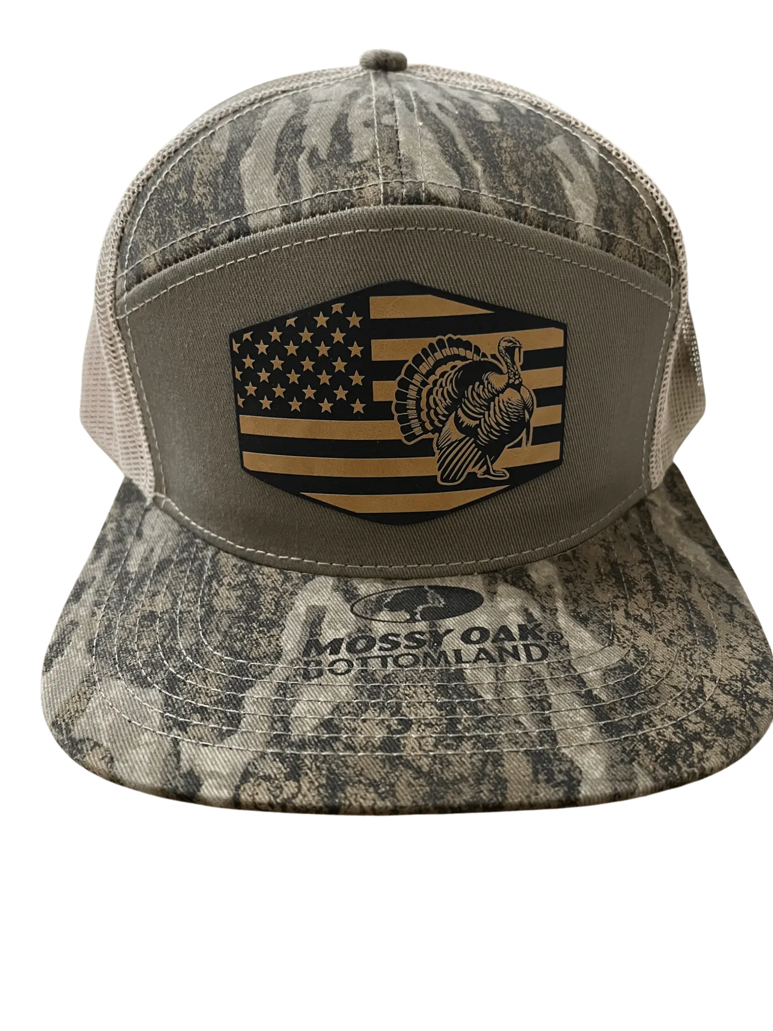 New Bottomland Camo - Lost Hat Company 7-Panel Hat - Flag and Turkey Patch