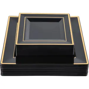 60 Pack Black Square Plastic Plates with  Rim Include 30 Disposable Dinner Plates 9.5 Inch and 30 Dessert Plate 6.5 Inch, Fancy Plate for Wedding, 50th Birthday and Graduation Parties