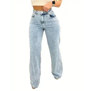 Women's Stretch Denim Straight-Leg Pants - Mid-Rise, Light Wash Blue, High Elasticity Rayon Blend, Comfort Fit with Pockets, Machine Washable, Versatile for All Seasons