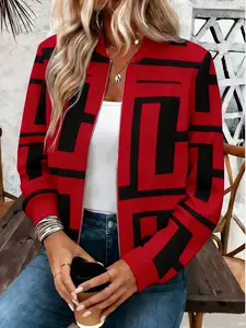 Women's Casual Geometric Print Zipper Baseball Jacket, Long Sleeve Pilot Coat 8170, Stylish Outerwear for Everyday Wear