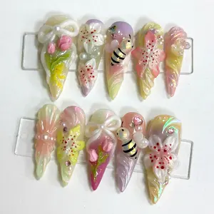 S100 Bloomy Bee Garden Press-On Nails, 3D Flower Charms & Cute Bees, Iridescent Pastel Gradient, Custom Press-On Nail, Solana Nails Town