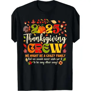 Men's 2025 Thanksgiving Crew Neck T-Shirt, Casual Fitted Cotton Top, All-Over Print Autumn Leaves Turkey Design, Funny Family Saying Thanksgiving Outfits, Short Sleeve Black Menswear Tee