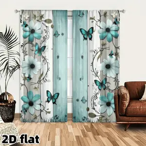 2D Flat 2Pcs Butterfly Floral Window Curtains Teal Turquoise Flowers Printed Panels Decorative Semi Sheer Rod Pocket Design for Living Room Bedroom Kitchen Home Decor Modern Nature Inspired Treatment