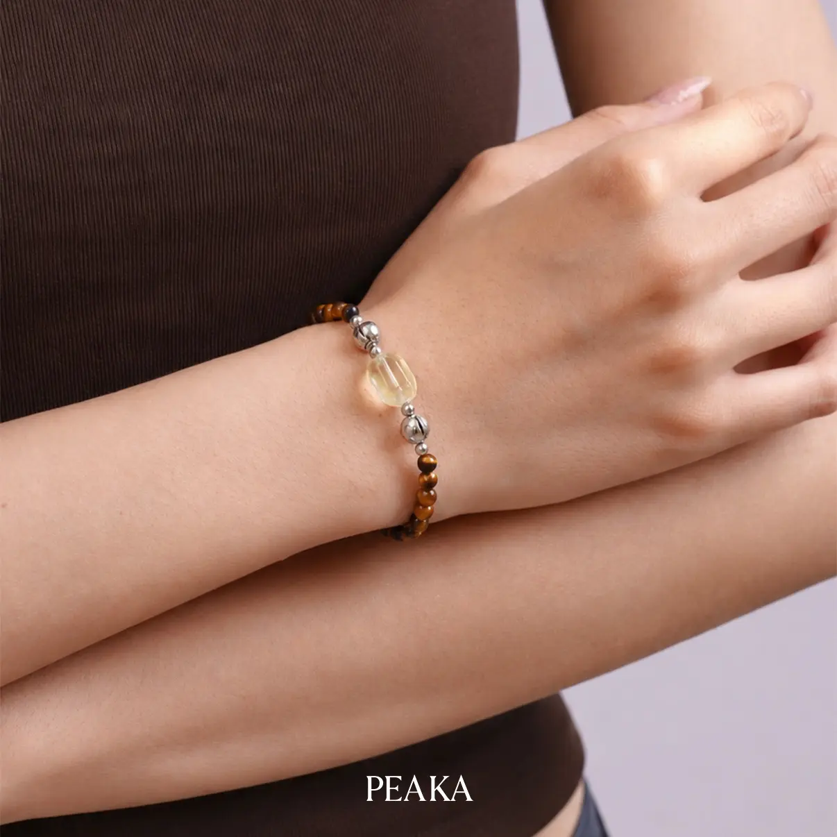 Peaka Tiger Eyes Bracelet and Freeform Citrine Charm Pendant Jewelry Set for Women, Magnetic Crystal Jewelry, Bracelet and Charm Included, Ready to Wear