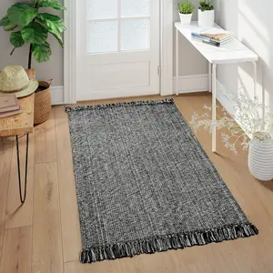 Lahome Black Bathroom Rug, 2' x 3' Hand-Woven Washable Small Kitchen Rugs, Cotton Reversible Entryway Rug Modern Farmhouse Carpet for Foyer Bedroom Back Door