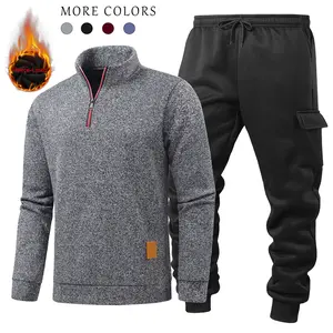 2 Piece Set - Men's Casual Stand Collar Top and Sports Pants Set, Zip-Up Fleece Long Sleeve Shirt and Multi-Pocket Jogger Pants, Men's Autumn Winter Fleece Lined Two-Piece Set, Simple and Casual, Warm Fleece Lining, Zipper Details, Stand Collar with Half
