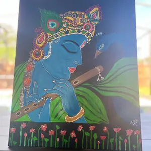 Krishna painting with bansuri and peacock