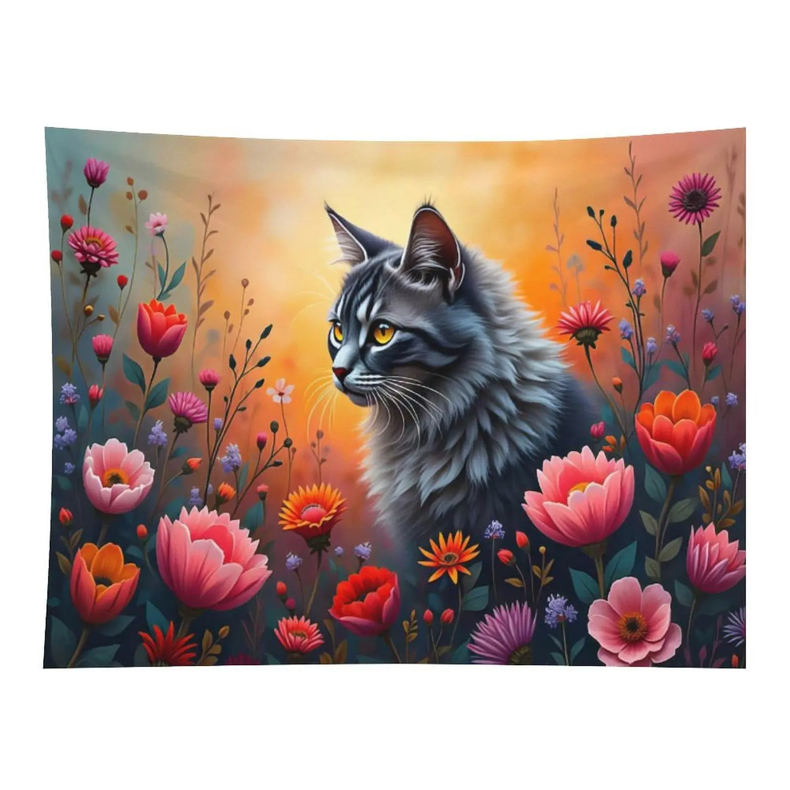 Fluffy Grey Maine Coon Cat Wall Tapestry Surrounded By Colorful Wild Flowers Warm Sunset Glow Artistic Print For Boho Home Wall Decor