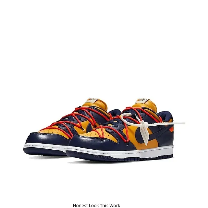 Off White Navy Blue Orange Double Red Laces Retro Low Top Skate Sneakers White Midsole Smooth Leather Casual Walking Shoes for Men Women Daily Street Wear