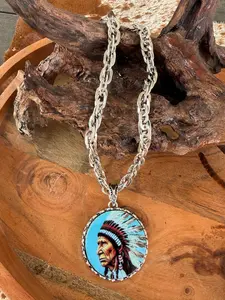 Native American Chief Portrait Pendant Necklace – Silver Chain Western Statement Jewelry