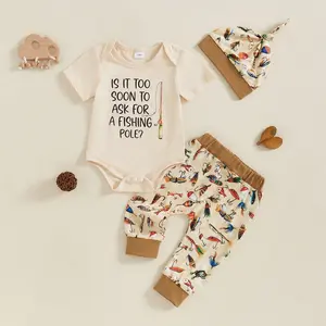 Baby Boys' Fishing-Themed 3-Piece Clothing Gift Set - Short-Sleeve Fishing Rod Letter Print Jumpsuit, Bait Print Pants, Matching Hat (0-18M)
