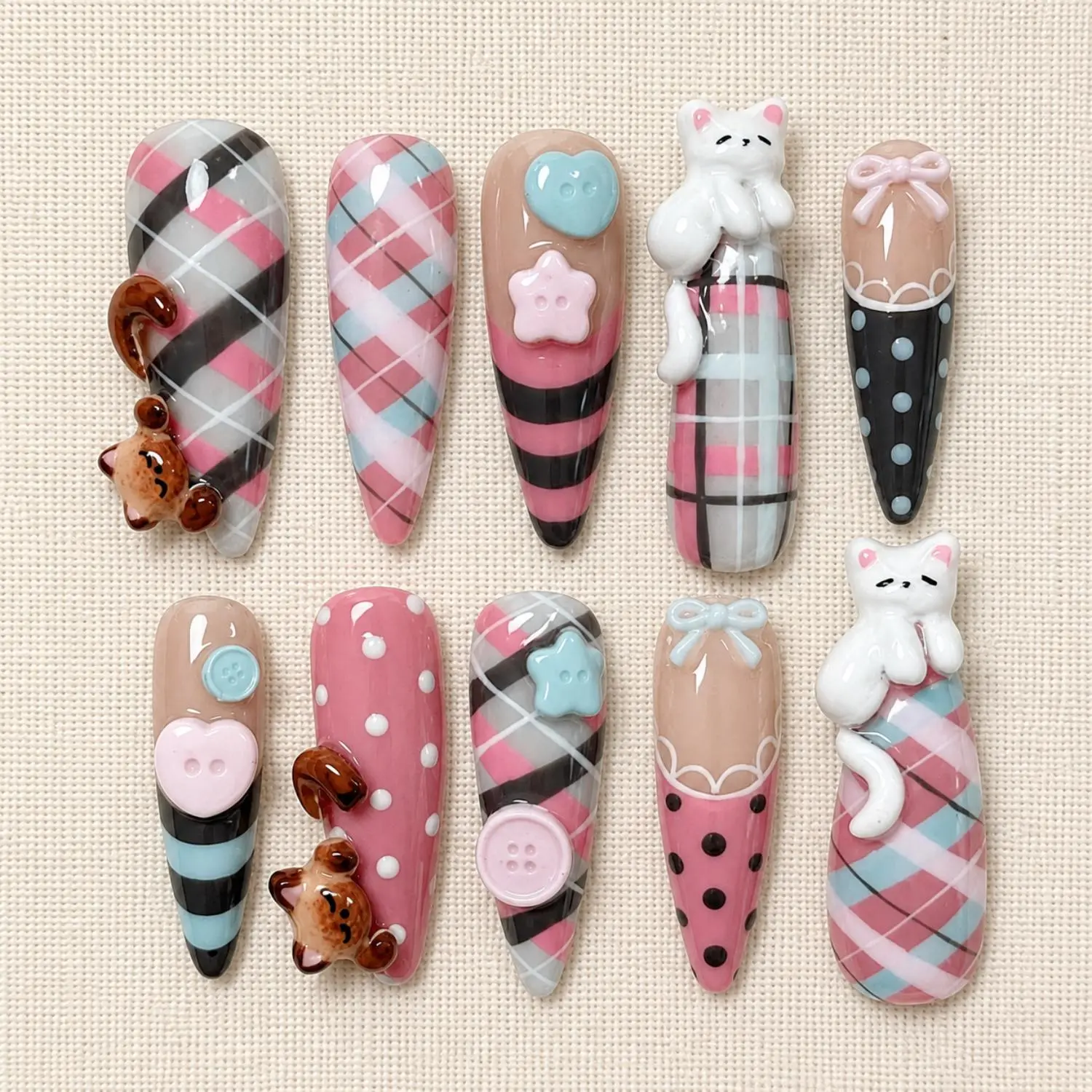 Cat Hippers Press On Nails  Kawaii Nails  Pink Blue Plaid, 3D Bear, Button, Bow and Star Art  Long Stiletto for Back to School