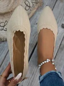 Knit Pointed Toe Flat Shoes for Women, Breathable Slip-on Loafers