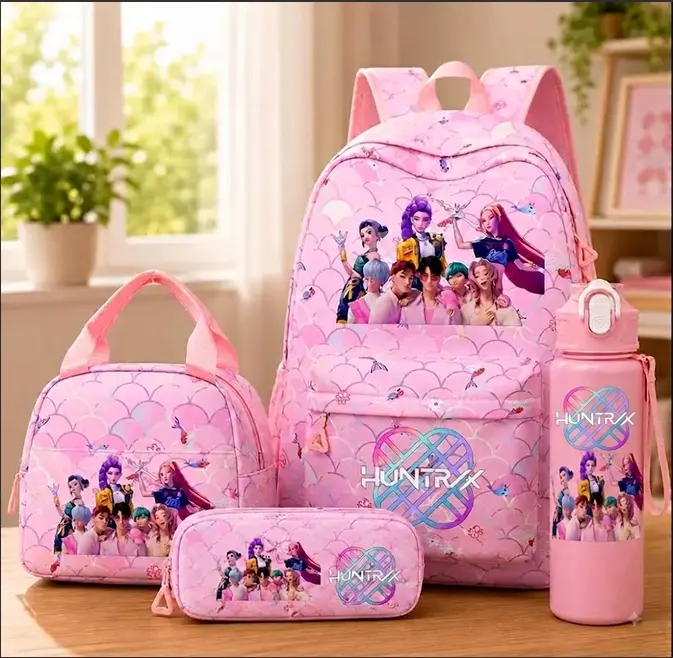 KPop Demon Hunters HUNTR/X 4-Piece Backpack Set - Pink Mermaid Scale Aesthetic, Travel Daypack, Lunch Bag, Pencil Case, Water Bottle, Youth KPop Fan Gift, Home Organizer Storage Bag