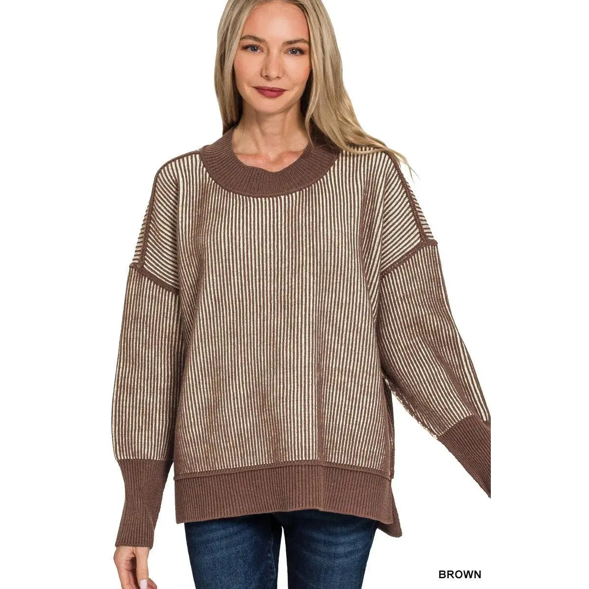 Zenana Exposed Seam Two Tone Ribbed Sweater