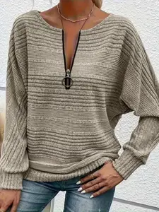 Women's Plus Size Elegant Chic Solid Color Ribbed Zipper Decoration Long Sleeve Fitted Sweatshirt Tops, Casual Fall & Winter Fashion Womenswear