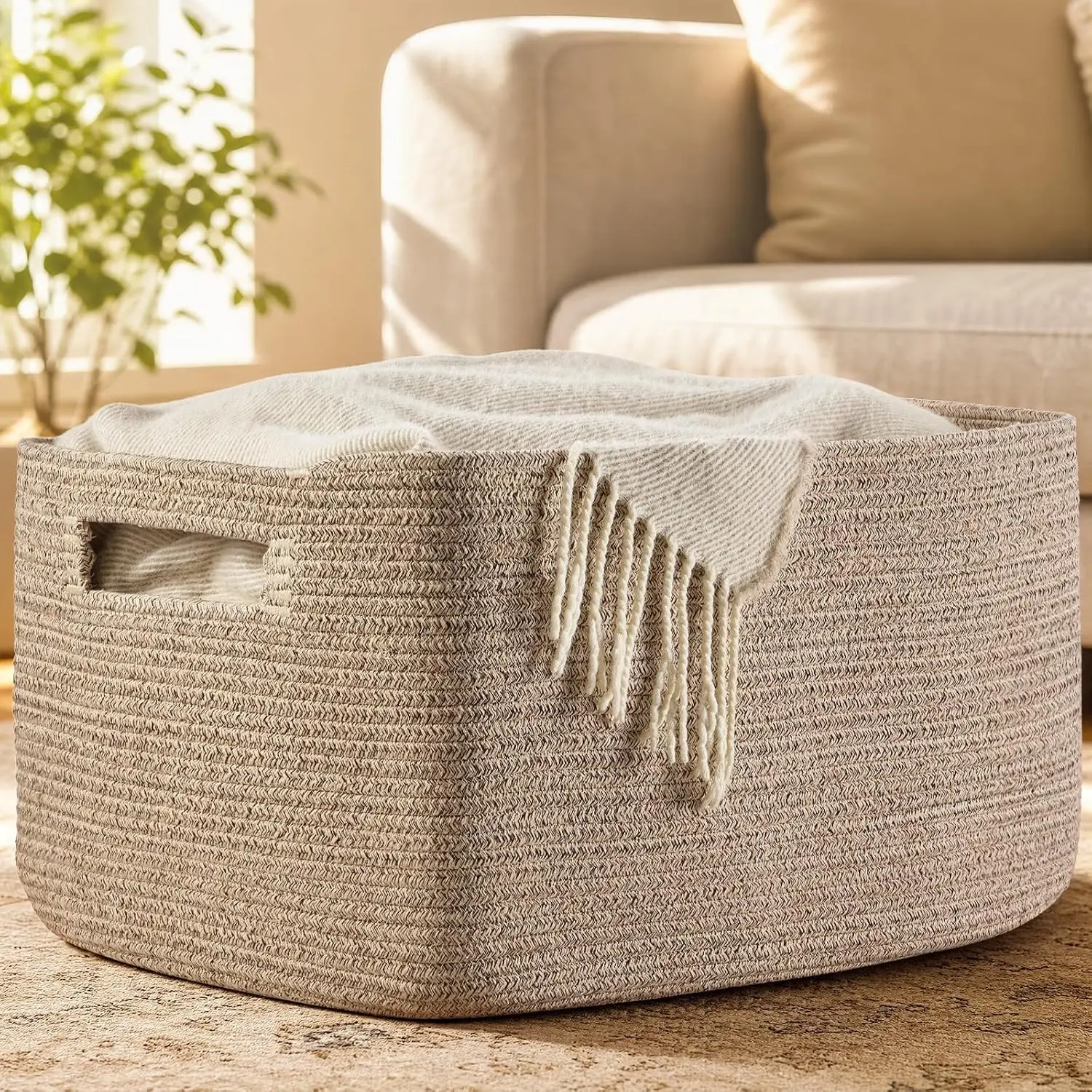 75L Large Blanket Basket, Woven Rope Storage Basket with Handles for Organizing Clothes and Toys for Bedroom, Bathroom, Nursery, Decorative Storage Bin, 22” x 17” x 11.5”, Brown