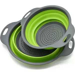 2 Pack Collapsible Silicone Colander with Handle, Over Sink Foldable Food Strainer, BPA-Free Space Saving Drain Basket for Vegetables, Fruits, Pasta, Kitchen & Camping (Green)