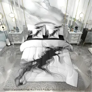 Black and White 7 Piece Comforter Bed Set,Abstract Bedroom Decor Men Teens Modern Ombre Grey Marble Bedding Set,Elegant Ink Texture Neutral Sheet Quilt