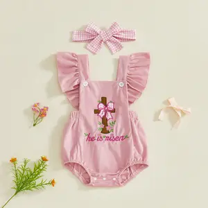 Afunbaby Infant Baby Girl Easter Outfit Flying Sleeve Bow Cross Embroidery Romper and Headband Set 0-18 Months
