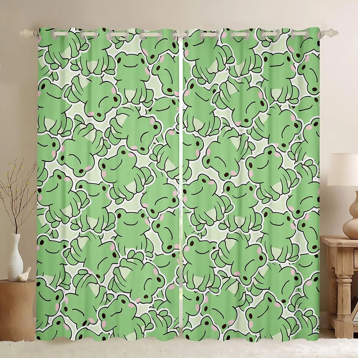 Cute Frog Window Curtain,Cartoon Animals Curtains,Summer Natural Blackout Window Treatment Green Watercolor Window Drapes for Bedroom Decor