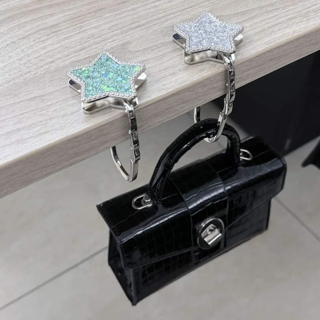 Foldable Star Purse Hook for Table, Portable Handbag Hanger with Anti-Slip Padded Base, Sparkle Metal Desk Bag Holder for Cafe, Office & Restaurant
